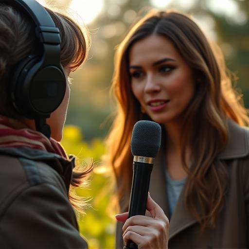 Nærbilde av en journalist som intervjuer en kvinne med en mikrofon, illustrerer 'Grunnleggende intervjuteknikker'.